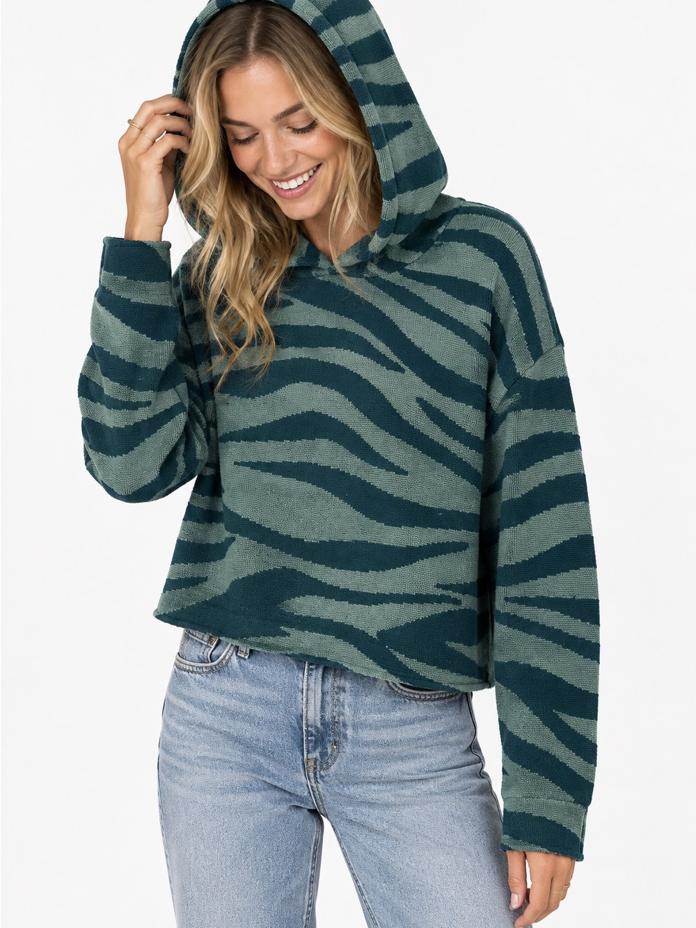 Anthropologie Women's
XS Kasia Knit Hoodie in Olive Green & Black Zebra Print - Picture 1 of 9